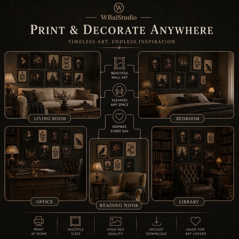 Może przedstawiać: Cyfrowa prezentacja produktu WBaiStudio z tekstem PRINT & DECORATE ANYWHERE. Obraz przedstawia pięć scen wnętrz, w tym salon, sypialnię, biuro, kącik do czytania i bibliotekę, udekorowane ciemnymi grafikami ściennymi.