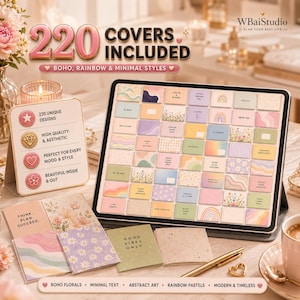 Puede incluir: Una tableta digital que muestra una cuadr&iacute;cula de 220 dise&ntilde;os de portadas de planificador en colores pastel con patrones florales, de arco&iacute;ris y abstractos. Junto a ella, un letrero lista caracter&iacute;sticas y varias portadas impresas.