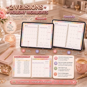 Puede incluir: Dos tabletas digitales muestran un planificador con dos versiones: Balanced Tabs y Highlighted Tabs. La pantalla muestra dise&ntilde;os de calendario mensual, destacados de vacaciones y calendarios de referencia. El texto incluye 2 VERSIONS + HOLIDAY HIGHLIGHTS, Plan Your Life, Stay Organized y 2 VERSIONS. 1 POWERFUL PLANNER. Your Year, Your Way.