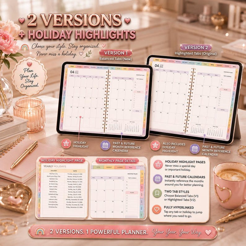 Puede incluir: Dos tabletas digitales muestran un planificador con dos versiones: Balanced Tabs y Highlighted Tabs. La pantalla muestra dise&ntilde;os de calendario mensual, destacados de vacaciones y calendarios de referencia. El texto incluye 2 VERSIONS + HOLIDAY HIGHLIGHTS, Plan Your Life, Stay Organized y 2 VERSIONS. 1 POWERFUL PLANNER. Your Year, Your Way.