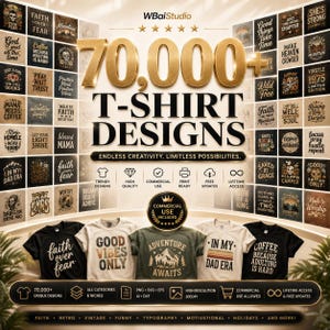 May include: A digital collection of 70,000+ t-shirt designs featuring various typography and graphic illustrations. The display includes five physical t-shirts in black, white, and olive green, showcasing specific prints like Adventure Awaits.