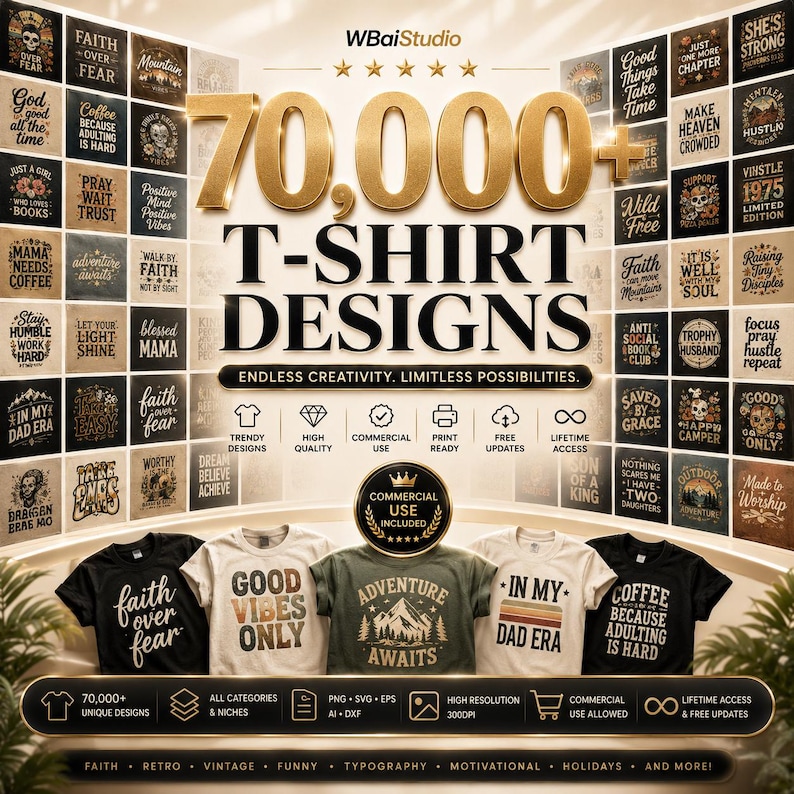 May include: A digital collection of 70,000+ t-shirt designs featuring various typography and graphic illustrations. The display includes five physical t-shirts in black, white, and olive green, showcasing specific prints like Adventure Awaits.