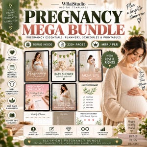 Puede incluir: Un conjunto de plantillas digitales Pregnancy Mega Bundle que incluye planificadores, horarios y documentos imprimibles. El gráfico contiene texto como Pregnancy Mega Bundle, 220+ Pages y MRR/PLR, mostrando portadas, listas y un planificador semanal.