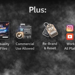 May include: Image with the text "IT ALL STARTS FROM YOUR MIND" and "High-Quality MP4 Files". Other icons include a building with a checkmark, tags with "PLR MRR", and social media logos. The word "Plus:" is at the top.