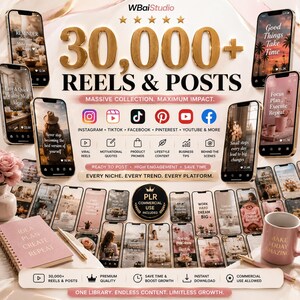 May include: A digital marketing bundle featuring 30,000+ Reels and posts for social media platforms. The image displays multiple smartphone screens showing various content, a pink notebook with the text IDEA PLAN CREATE REPEAT, and a pink mug.
