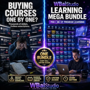May include: A digital advertisement for the WBaiStudio Learning Mega Bundle featuring a split screen. The left side shows a stressed person with text about buying courses one by one. The right side shows a happy person with a large grid of course icons, certificates, and text highlighting 700+ GB of premium learning and lifetime access.
