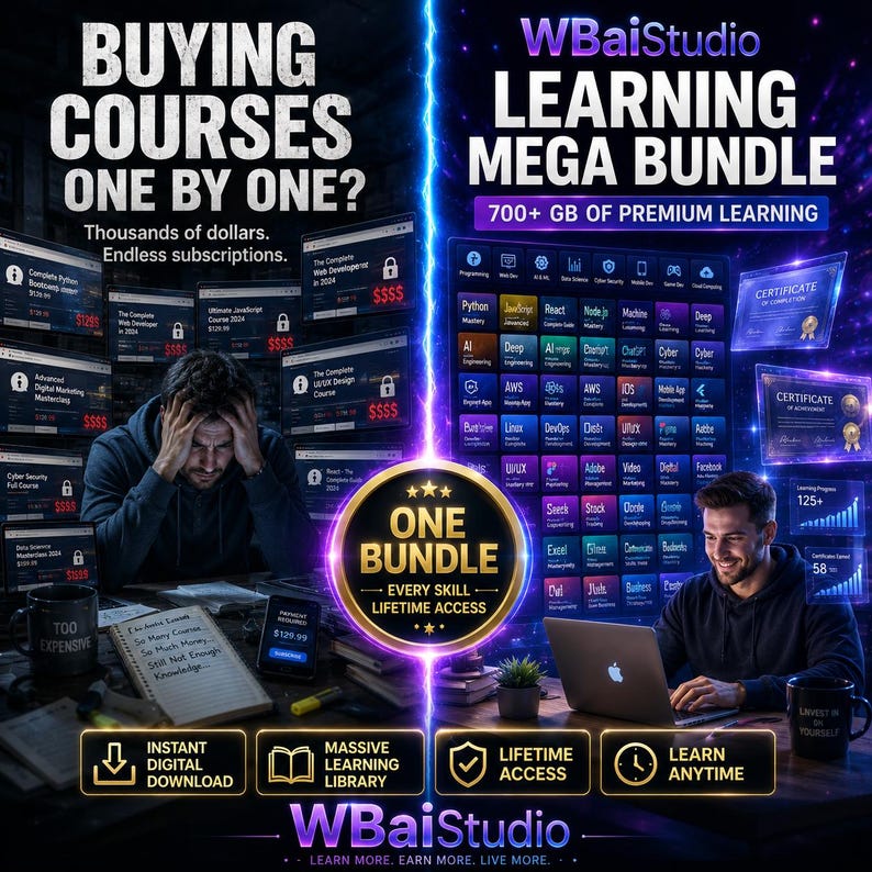 May include: A digital advertisement for the WBaiStudio Learning Mega Bundle featuring a split screen. The left side shows a stressed person with text about buying courses one by one. The right side shows a happy person with a large grid of course icons, certificates, and text highlighting 700+ GB of premium learning and lifetime access.