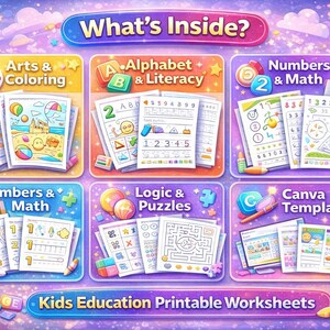 K&ouml;nnte beinhalten: Buntes Bildungs-Arbeitsblatt f&uuml;r Kinder, mit Abschnitten f&uuml;r Kunst & Ausmalen, Alphabet & Lesen, Zahlen & Mathe, Logik & R&auml;tsel und Canva-Vorlagen. Das Bild enth&auml;lt den Text "What's Inside?" und "Kids Education Printable Worksheets".