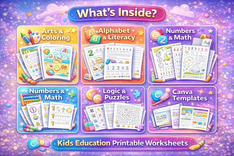K&ouml;nnte beinhalten: Buntes Bildungs-Arbeitsblatt f&uuml;r Kinder, mit Abschnitten f&uuml;r Kunst & Ausmalen, Alphabet & Lesen, Zahlen & Mathe, Logik & R&auml;tsel und Canva-Vorlagen. Das Bild enth&auml;lt den Text "What's Inside?" und "Kids Education Printable Worksheets".