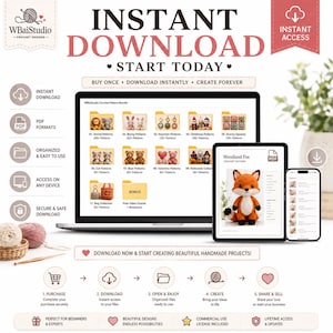 May include: A digital crochet pattern bundle displayed on a laptop, tablet, and smartphone. The screen shows folders for animal, bunny, keychain, Christmas, granny square, cat, bear, valentine, and halloween patterns, plus a fox pattern PDF.