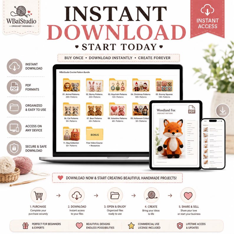 May include: A digital crochet pattern bundle displayed on a laptop, tablet, and smartphone. The screen shows folders for animal, bunny, keychain, Christmas, granny square, cat, bear, valentine, and halloween patterns, plus a fox pattern PDF.