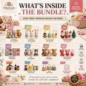 May include: A digital bundle advertisement titled WHAT'S INSIDE THE BUNDLE? featuring over 1500 premium crochet patterns. The image displays various categories of crochet designs including animals, bunnies, keychains, Christmas, granny squares, cats, bears, Valentine, Halloween, characters, and bags, all presented in folder-style icons.