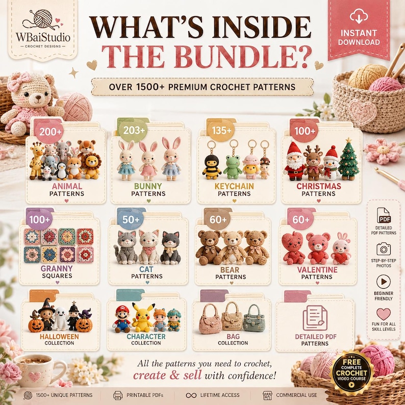 May include: A digital bundle advertisement titled WHAT'S INSIDE THE BUNDLE? featuring over 1500 premium crochet patterns. The image displays various categories of crochet designs including animals, bunnies, keychains, Christmas, granny squares, cats, bears, Valentine, Halloween, characters, and bags, all presented in folder-style icons.