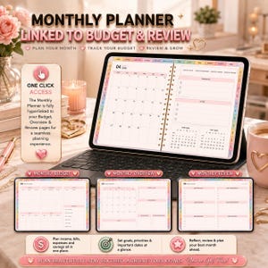 Puede incluir: Un planificador mensual digital en una tableta con teclado, que incluye p&aacute;ginas vinculadas de presupuesto, resumen y revisi&oacute;n. La pantalla muestra una cuadr&iacute;cula de calendario, listas de tareas y pesta&ntilde;as. Texto: MONTHLY PLANNER LINKED TO BUDGET & REVIEW.