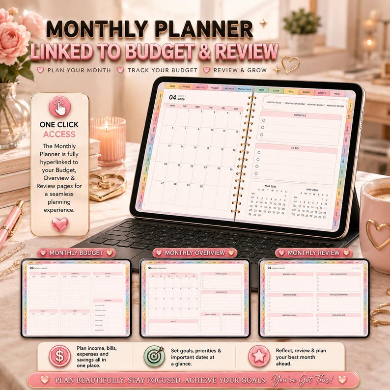Puede incluir: Un planificador mensual digital en una tableta con teclado, que incluye p&aacute;ginas vinculadas de presupuesto, resumen y revisi&oacute;n. La pantalla muestra una cuadr&iacute;cula de calendario, listas de tareas y pesta&ntilde;as. Texto: MONTHLY PLANNER LINKED TO BUDGET & REVIEW.