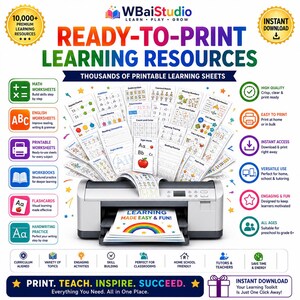 May include: A digital advertisement for WBaiStudio learning resources featuring a printer dispensing educational worksheets. The text reads READY-TO-PRINT LEARNING RESOURCES, THOUSANDS OF PRINTABLE LEARNING SHEETS, and LEARNING MADE EASY & FUN with a rainbow graphic.