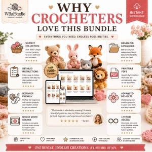 May include: A digital crochet pattern bundle advertisement featuring a laptop and tablet displaying folders of designs, surrounded by crocheted animals including a bear, rabbit, fox, cat, and lion, with text detailing over 1500 patterns and features.