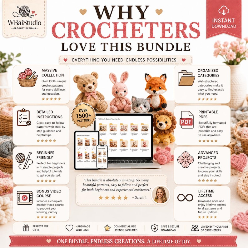 May include: A digital crochet pattern bundle advertisement featuring a laptop and tablet displaying folders of designs, surrounded by crocheted animals including a bear, rabbit, fox, cat, and lion, with text detailing over 1500 patterns and features.