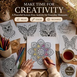 May include: A collection of black and white coloring pages featuring intricate animal and floral designs, with one mandala partially colored in shades of yellow, pink, and blue. The text reads MAKE TIME FOR CREATIVITY, A Peaceful Screen-Free Activity for Everyday Moments, RELAX, COLOR, RECHARGE, and WBaiStudio.