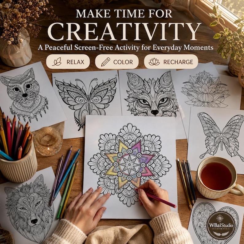 May include: A collection of black and white coloring pages featuring intricate animal and floral designs, with one mandala partially colored in shades of yellow, pink, and blue. The text reads MAKE TIME FOR CREATIVITY, A Peaceful Screen-Free Activity for Everyday Moments, RELAX, COLOR, RECHARGE, and WBaiStudio.