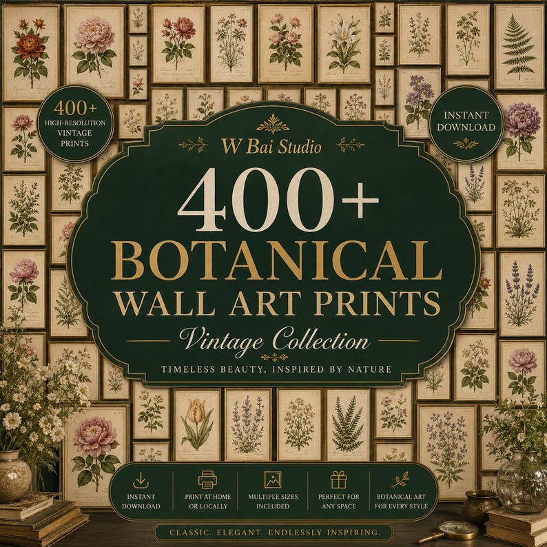 Peut inclure: Une collection num&eacute;rique de plus de 400 impressions d'art mural botanique pr&eacute;sentant des illustrations florales et v&eacute;g&eacute;tales vintage. L'&eacute;tiquette centrale vert fonc&eacute; affiche le texte W Bai Studio 400+ BOTANICAL WALL ART PRINTS Vintage Collection.