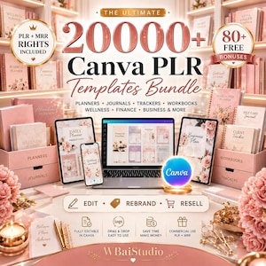 Könnte beinhalten: Ein digitales Paket mit über 20.000 Canva PLR-Vorlagen, darunter Planer, Journale, Tracker und Arbeitsbücher. Die Darstellung umfasst einen Laptop, ein Tablet und ein Smartphone mit Vorlagendesigns, umgeben von rosa Büchern.