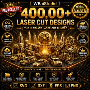 May include: A digital graphic for a bundle of 400,000+ laser cut designs by WBaiStudio. The image features gold-toned illustrations of city skylines, vehicles, an elephant, and mechanical gears against a black background with text labels.