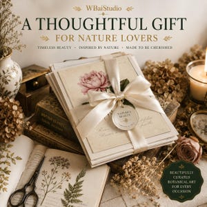 Peut inclure: Un paquet de cartes de papeterie couleur cr&egrave;me avec une illustration de pivoine rose, nou&eacute; d'un ruban de satin cr&egrave;me et d'une &eacute;tiquette ronde marqu&eacute;e Nature's Beauty. Le texte indique WBaiStudio, A THOUGHTFUL GIFT FOR NATURE LOVERS, et plus.