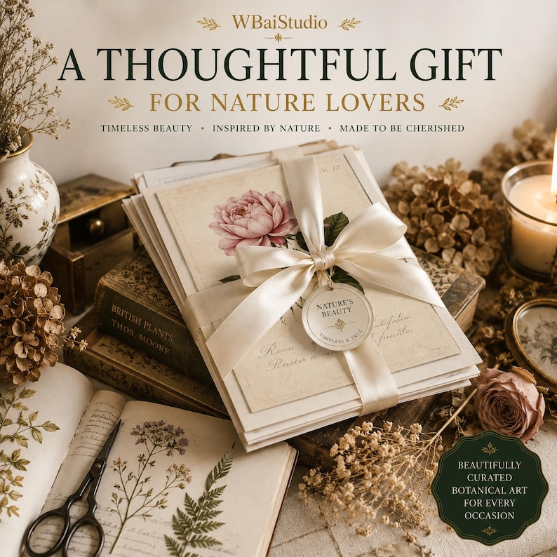 Peut inclure: Un paquet de cartes de papeterie couleur cr&egrave;me avec une illustration de pivoine rose, nou&eacute; d'un ruban de satin cr&egrave;me et d'une &eacute;tiquette ronde marqu&eacute;e Nature's Beauty. Le texte indique WBaiStudio, A THOUGHTFUL GIFT FOR NATURE LOVERS, et plus.