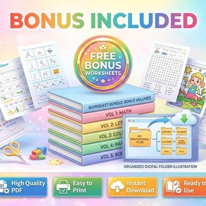 K&ouml;nnte beinhalten: Eine Illustration mit Arbeitsbl&auml;ttern, B&uuml;chern und digitalen Dateien f&uuml;r Bildungszwecke. Der Text "BONUS INKLUSIVE" und "KOSTENLOSE BONUS-ARBEITSBL&Auml;TTER" ist zu sehen. Die B&uuml;cher sind mit "VOL 1: MATH" bis "VOL 5: BOI" beschriftet. Symbole f&uuml;r "Hochwertiges PDF", "Einfach zu drucken", "Sofort-Download" und "Sofort einsatzbereit".