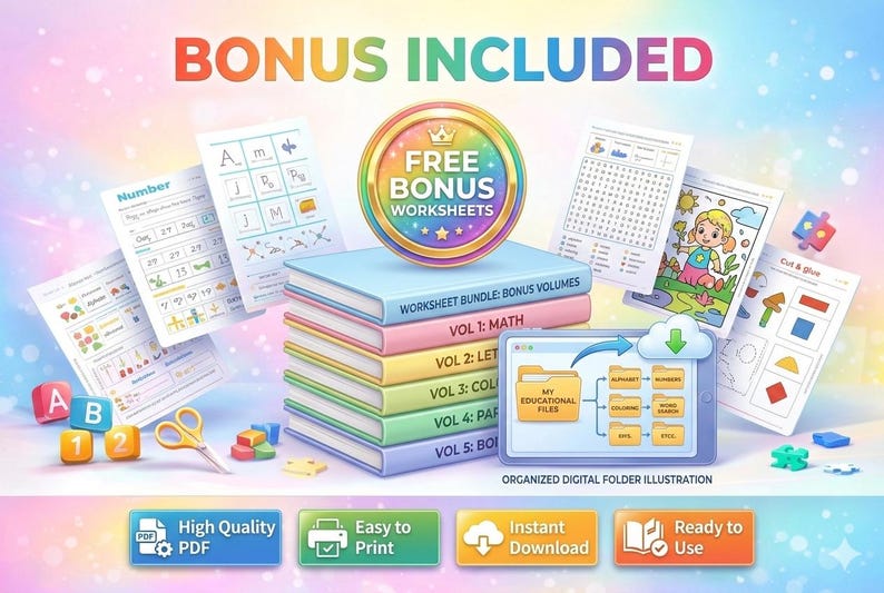 K&ouml;nnte beinhalten: Eine Illustration mit Arbeitsbl&auml;ttern, B&uuml;chern und digitalen Dateien f&uuml;r Bildungszwecke. Der Text "BONUS INKLUSIVE" und "KOSTENLOSE BONUS-ARBEITSBL&Auml;TTER" ist zu sehen. Die B&uuml;cher sind mit "VOL 1: MATH" bis "VOL 5: BOI" beschriftet. Symbole f&uuml;r "Hochwertiges PDF", "Einfach zu drucken", "Sofort-Download" und "Sofort einsatzbereit".