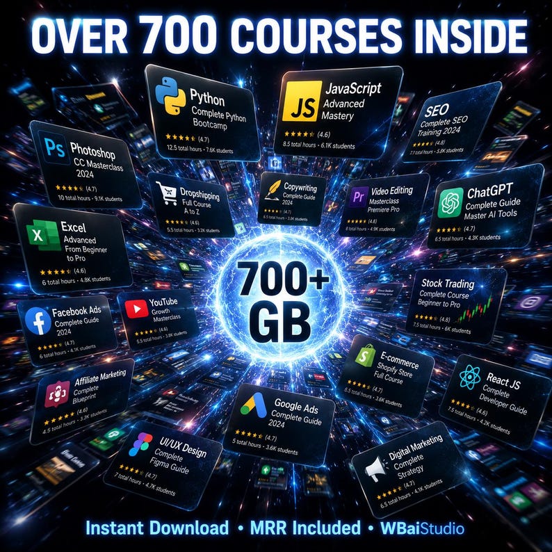 May include: A digital graphic featuring the text OVER 700 COURSES INSIDE and 700+ GB at the center. Surrounding the central glowing blue orb are numerous rectangular course cards for topics like Python, JavaScript, SEO, Photoshop, and ChatGPT.