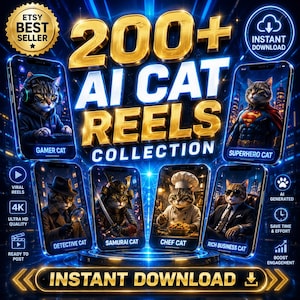 May include: A digital art collection of AI-generated cat reels. The image features six smartphones displaying cats in various roles: gamer, superhero, detective, samurai, chef, and rich business cat. Text includes "200+ AI Cat Reels Collection" and "Instant Download."