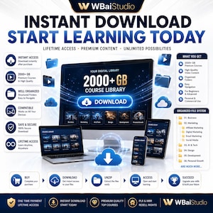 May include: A digital product advertisement for WBaiStudio featuring a computer monitor, laptop, and tablet displaying a 2000+ GB course library. The graphic includes text such as INSTANT DOWNLOAD, START LEARNING TODAY, and an organized file system list.