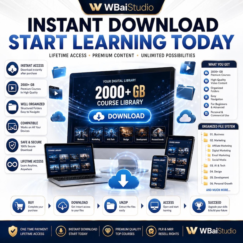 May include: A digital product advertisement for WBaiStudio featuring a computer monitor, laptop, and tablet displaying a 2000+ GB course library. The graphic includes text such as INSTANT DOWNLOAD, START LEARNING TODAY, and an organized file system list.