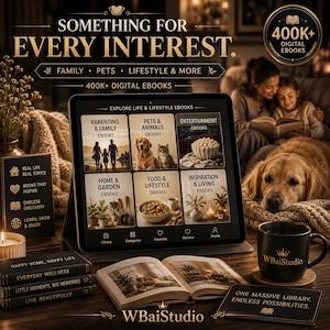May include: A digital tablet displays an ebook library interface with categories including Parenting, Pets, Home, Food, and Inspiration. The screen shows the text Something for Every Interest and 400K+ Digital Ebooks. A black mug with the WBaiStudio logo sits nearby.