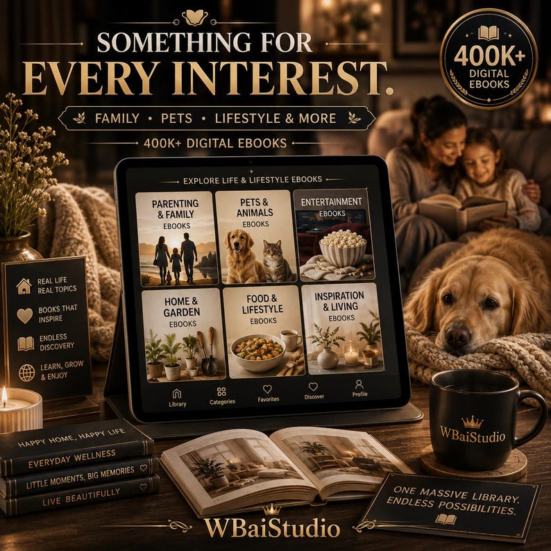 May include: A digital tablet displays an ebook library interface with categories including Parenting, Pets, Home, Food, and Inspiration. The screen shows the text Something for Every Interest and 400K+ Digital Ebooks. A black mug with the WBaiStudio logo sits nearby.