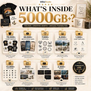 May include: A digital product advertisement titled WHAT'S INSIDE 5000GB+? featuring 150,000+ creative assets. The graphic displays categories including t-shirt designs, social media reels, SVG files, stock photos, logo templates, icons, banners, business cards, and videos.