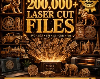 Pacchetto di oltre 200.000 disegni per taglio laser / File SVG DXF EPS Ai CDr / Mega pacchetto per incisione laser su legno Glowforge CnC