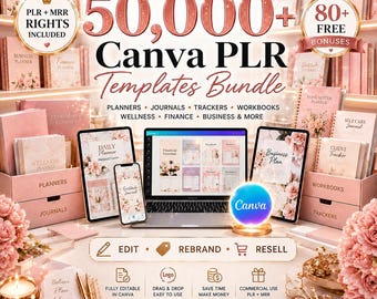 Pacchetto di oltre 50.000 modelli Canva PLR / Agende, diari e tracker modificabili / Diritti MRR e PLR inclusi / Prodotti digitali da rivendere