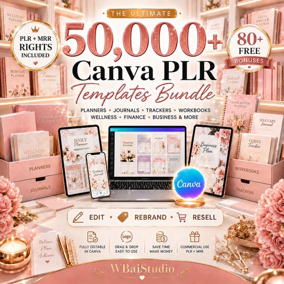 50,000+ Canva PLR Templates Bundle | Editable Planners, Journals and Trackers | MRR & PLR Rights Included | Digital Products To Resell