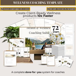 Puede incluir: Un conjunto de plantillas de coaching de bienestar de 72 páginas con varios diseños de documentos, una computadora portátil con materiales, portapapeles y una caja blanca. El texto incluye WELLNESS COACHING TEMPLATE, Create Client-Ready Wellness products 10x Faster y A complete done-for-you system for coaches.