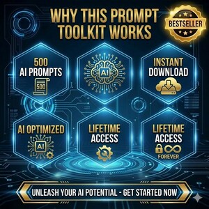 May include: A digital graphic promoting an AI prompt toolkit. The image features text including "500 AI Prompts", "Instant Download", and "Lifetime Access". The design uses a blue and gold color scheme with hexagonal shapes and circuit board patterns.