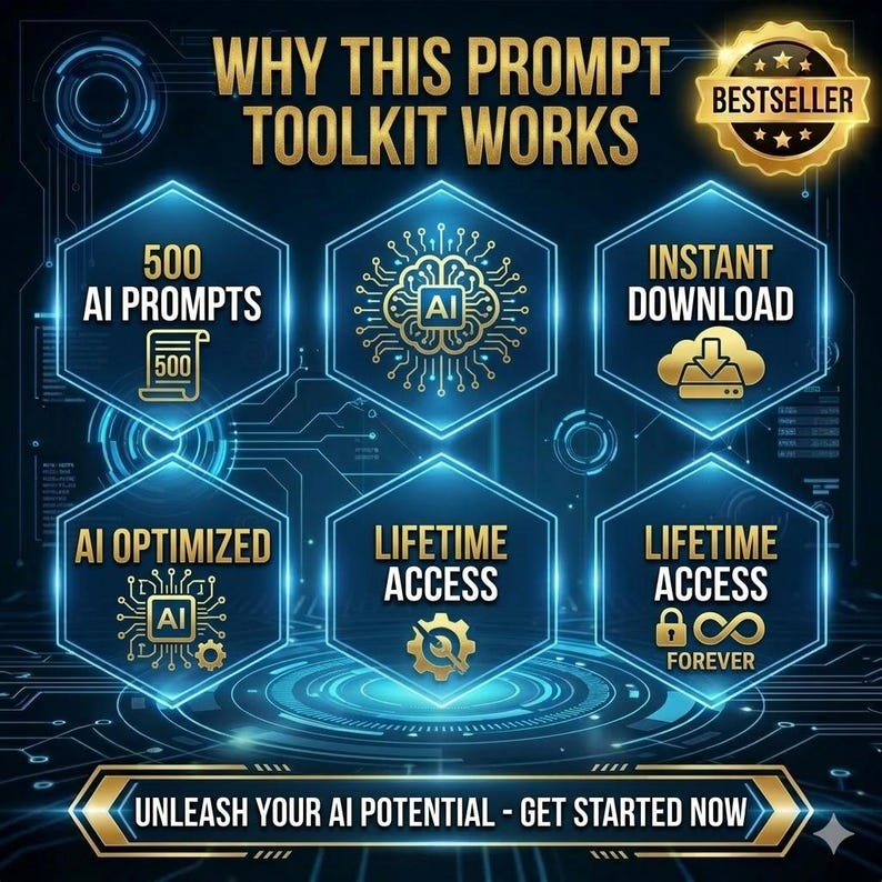 May include: A digital graphic promoting an AI prompt toolkit. The image features text including "500 AI Prompts", "Instant Download", and "Lifetime Access". The design uses a blue and gold color scheme with hexagonal shapes and circuit board patterns.