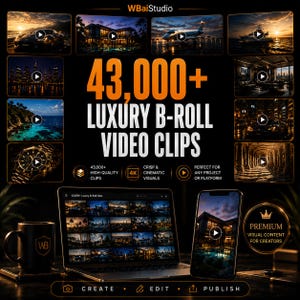Peut inclure: Un affichage numérique présentant le texte 43,000+ LUXURY B-ROLL VIDEO CLIPS entouré de diverses vignettes de scènes de luxe, incluant une voiture de sport, un jet privé, un yacht et des paysages urbains, sur un ordinateur portable et un smartphone.