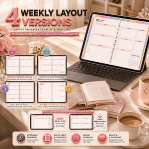 Puede incluir: Un planificador digital en una tableta con teclado, que muestra cuatro versiones de dise&ntilde;o semanal. La pantalla presenta una interfaz de calendario de marzo de 2026 con pesta&ntilde;as de navegaci&oacute;n. El texto incluye 4 WEEKLY LAYOUT VERSIONS.