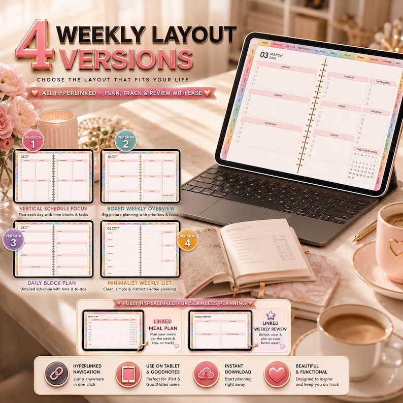 Puede incluir: Un planificador digital en una tableta con teclado, que muestra cuatro versiones de dise&ntilde;o semanal. La pantalla presenta una interfaz de calendario de marzo de 2026 con pesta&ntilde;as de navegaci&oacute;n. El texto incluye 4 WEEKLY LAYOUT VERSIONS.