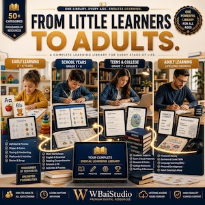 K&ouml;nnte beinhalten: Eine Werbegrafik f&uuml;r eine digitale Lernbibliothek mit dem Titel From Little Learners to Adults. Sie zeigt vier Bereiche mit Kindern, Jugendlichen und Erwachsenen, die Tablets und B&uuml;cher nutzen. Das WBaiStudio-Logo befindet sich unten.