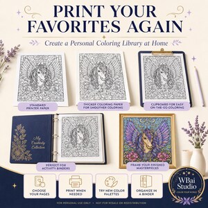 May include: A digital coloring page set featuring a winged horse illustration. The image displays various display methods including standard printer paper, thicker paper, a clipboard, a three-ring binder labeled My Creativity Collection, and a framed colored version. Text includes PRINT YOUR FAVORITES AGAIN and WBai Studio.