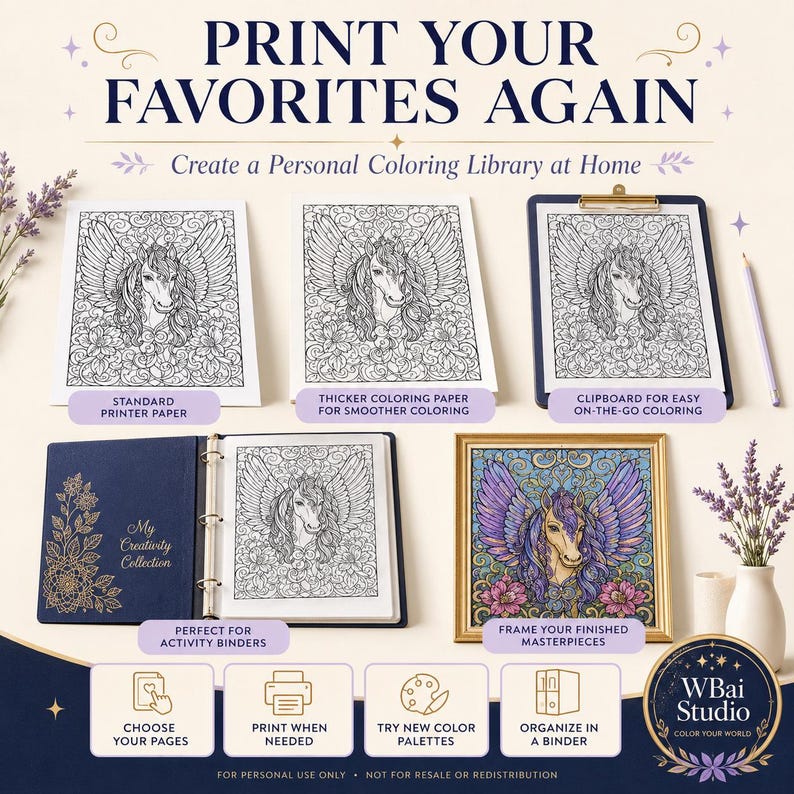 May include: A digital coloring page set featuring a winged horse illustration. The image displays various display methods including standard printer paper, thicker paper, a clipboard, a three-ring binder labeled My Creativity Collection, and a framed colored version. Text includes PRINT YOUR FAVORITES AGAIN and WBai Studio.